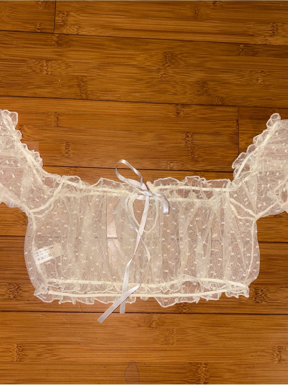 Sheer White Lace Crop Top with Ribbon Tie